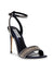 Black high-heeled sandal with crystal embellishments on a white background