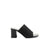 A single black open-toe mule sandal with a ribbed knit upper and a chunky block heel, shown from a side profile on a white background.