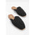 A pair of black woven mule sandals with a tan insole, displayed on a clean white background.