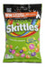 Skittles candy bag with Halloween-themed text and graphics on a green background