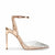 Rose gold high-heeled shoe with crystal embellishments on a white background