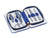 A manicure travel set by OR Bleu displayed open with various grooming tools like nail clippers, a nail file, and cuticle pusher arranged neatly. The set is contained in a blue synthetic leather case.