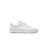 A classic low-top sneaker in all-white, featuring white leather panels, white laces, and a white rubber sole, shown from a side profile view against a plain white background.