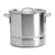 A stainless steel stockpot with a matching lid, featuring two side handles and a brushed metal finish, shown on a plain white background.