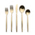 A five-piece gold-toned flatware set including a dinner fork, salad fork, dinner knife, soup spoon, and teaspoon, arranged vertically on a plain white background.