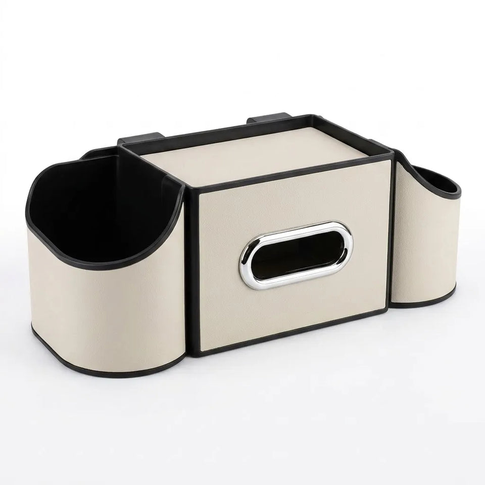 A beige and black plastic tissue box cover organizer with a central pull-out drawer and two side cup holders, shown on a white background.
