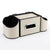 A beige and black plastic tissue box cover organizer with a central pull-out drawer and two side cup holders, shown on a white background.
