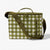 A rectangular insulated tote bag with a green and white gingham pattern, olive green handles and shoulder strap, and a front zippered pocket, shown on a clean white background.
