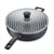 A black non-stick sauté pan with a matching glass lid featuring a silver metal rim and a black knob, shown on a white background.