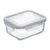 A rectangular clear glass storage container with a matching clear plastic lid and gray locking clips, shown on a plain white background.
