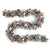 A festive Christmas garland with dusty pink artificial flowers, frosted green pine branches, sage green eucalyptus leaves, pinecones, and cream pearl ornaments, displayed on a solid white background.