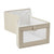 A light beige linen fabric storage organizer box with a clear window on the front and a white interior lining, shown on a solid white background.