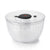 Clear salad spinner with black lid on a white background