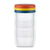 A stack of four translucent white plastic storage containers inside a clear outer sleeve, featuring colorful lids in orange, yellow, and blue, set against a plain white background.