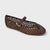 Brown woven flat shoe with a gold buckle on a light gray background