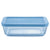 A rectangular glass food storage container with a light blue lid, shown on a plain white background. The brand name 'Pyrex' is embossed on the lid.