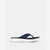 A single Skechers flip-flop sandal in navy blue with a textured strap and a thick, cushioned white sole, shown from a side profile on a light gray background.