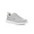 A light gray athletic sneaker with a textured mesh upper, gray laces, and a white sole, shown from a three-quarters angle on a white background.