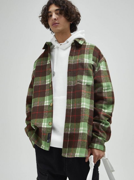 Pull & Bear Men's  Green with Brown Plaid  Shirt 9470/546/500(zone8)