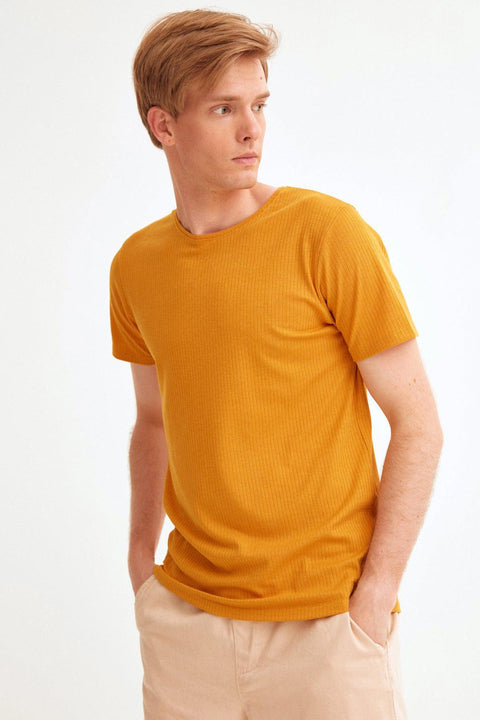 Fulla Moda Men's Mustard Crew Neck Corduroy T-Shirt 148231 (FL135)