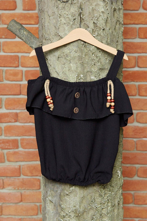 Fulla Moda Girl's Black Waist Rubber Collar Ruffled Blouse 149978-10