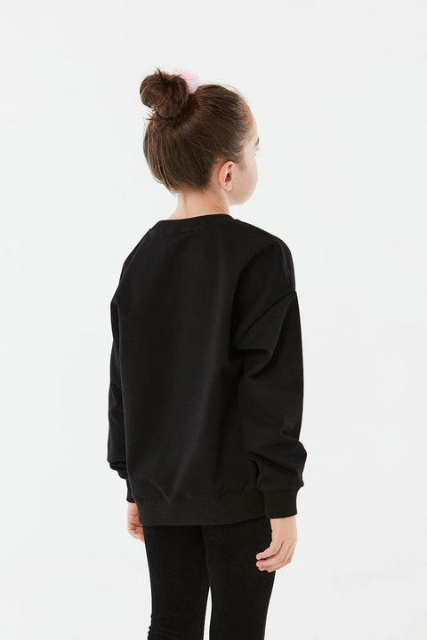 SD Moda Girl's Black Printed Crew Neck Sweatshirt 178682 (FL120)