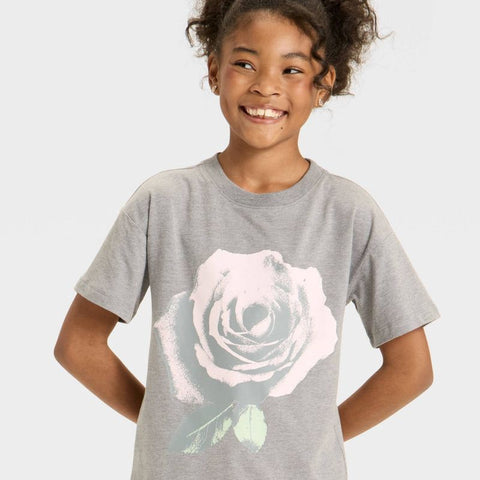 Cat & Jack Girl's Gray Short Sleeve Oversized Rose Graphic T-Shirt |Cat & Jack In Lebanon