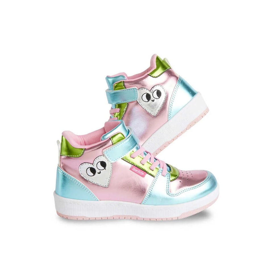 A pair of children's high-top sneakers in a pastel metallic color scheme. The shoes feature shiny pink, light blue, and mint green panels, decorated with cute white heart-shaped patches that have cartoon eyes, and a white midsole.