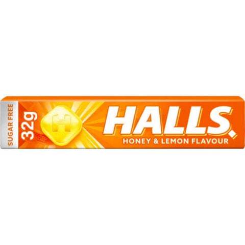 Halls Honey & Lemon Flavour candy strip packaging on a white background
