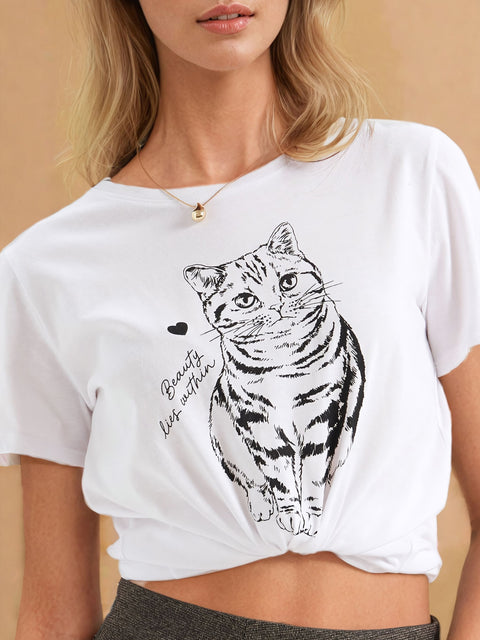 Sinsay Women's White with cat printed T-Shirt | Sinsay in Lebanon