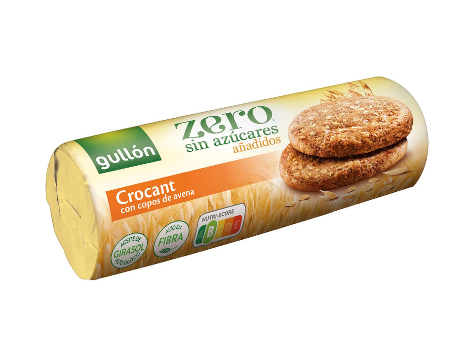 Packaging of Gullon Zero Sugar-Free Crunchy Biscuit showing the product name and images of the biscuits on the front.