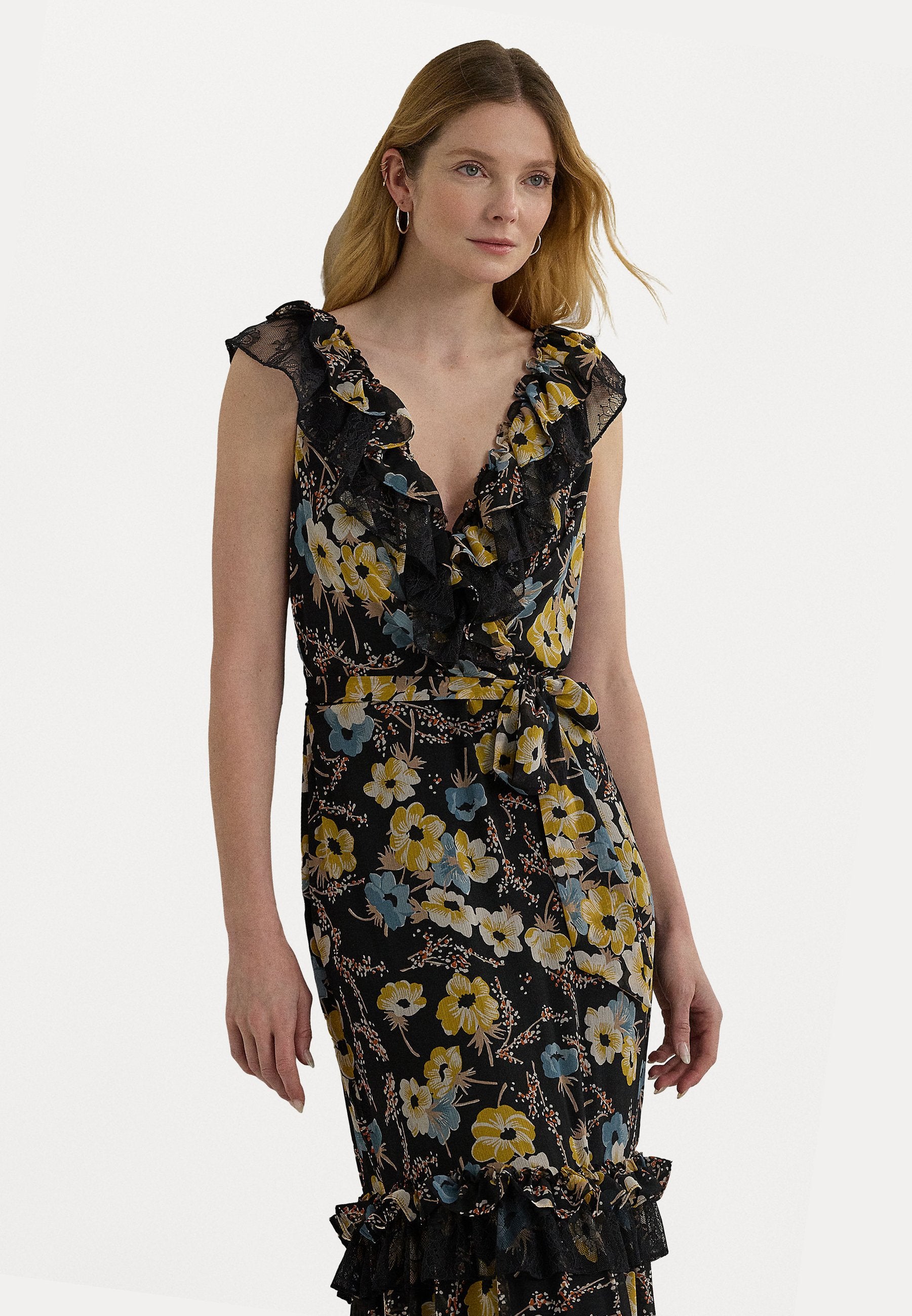 Lauren Ralph Lauren Women's Black Multi Floral Ruffle-Trim Georgette Gown Dress|Lauren Ralph Lauren In Lebanon