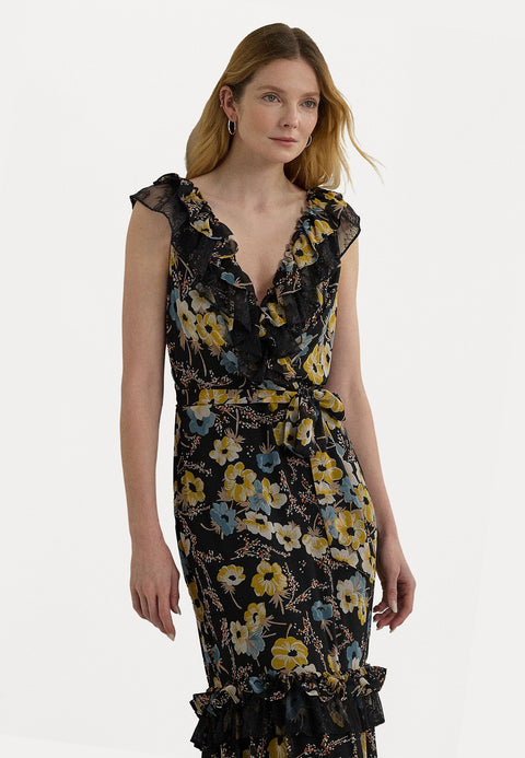 Lauren Ralph Lauren Women's Black Multi Floral Ruffle-Trim Georgette Gown Dress|Lauren Ralph Lauren In Lebanon