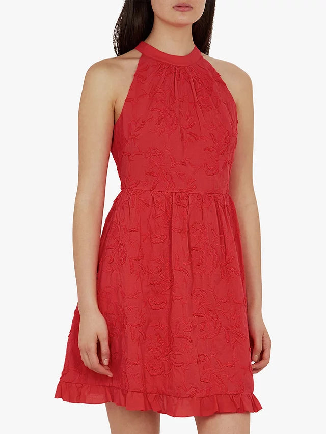 Ted Baker Women's Red Lorene Halter Neck Embroidered Dress WMD-LORENE-WH9W FA49