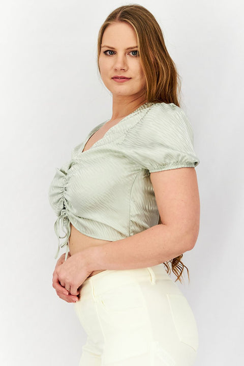 Forever 21 Women's Khaki Green V Neck Puff Sleeve Top | Forever 21 In Lebanon
