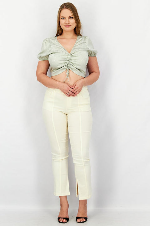 Forever 21 Women's Khaki Green V Neck Puff Sleeve Top | Forever 21 In Lebanon