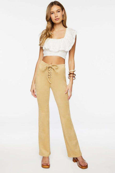 Forever 21 Women's Tan Faux Suede Lace-Up Flare Pant | Forever 21 In Lebanon