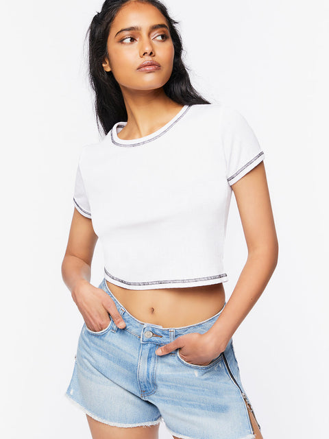 Forever 21 Women's White Ribbed Crew Neck T-shirt |Forever 21 In Lebanon