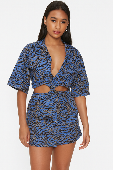 Forever 21 Women's Navy Blue Printed Short Sleeve Cut Out Mini Dress | Forever 21 In Lebanon