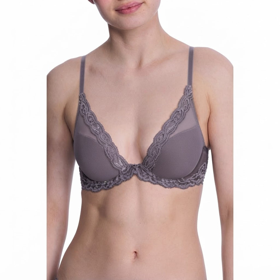 Natori Women's Grey Lace Trim Plunge Bra