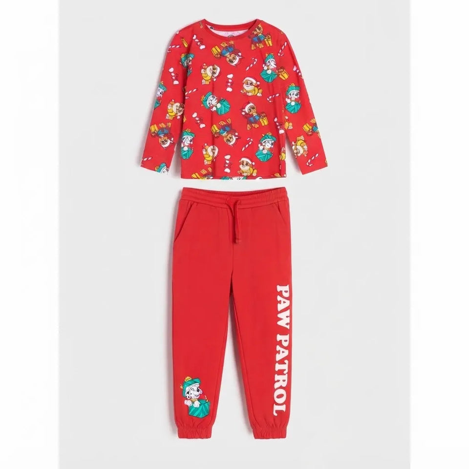 Sinsay Boy's Red with Multicolor Paw Patrol Holiday Pattern Sweatshirt and Pull On Sweatpants Set