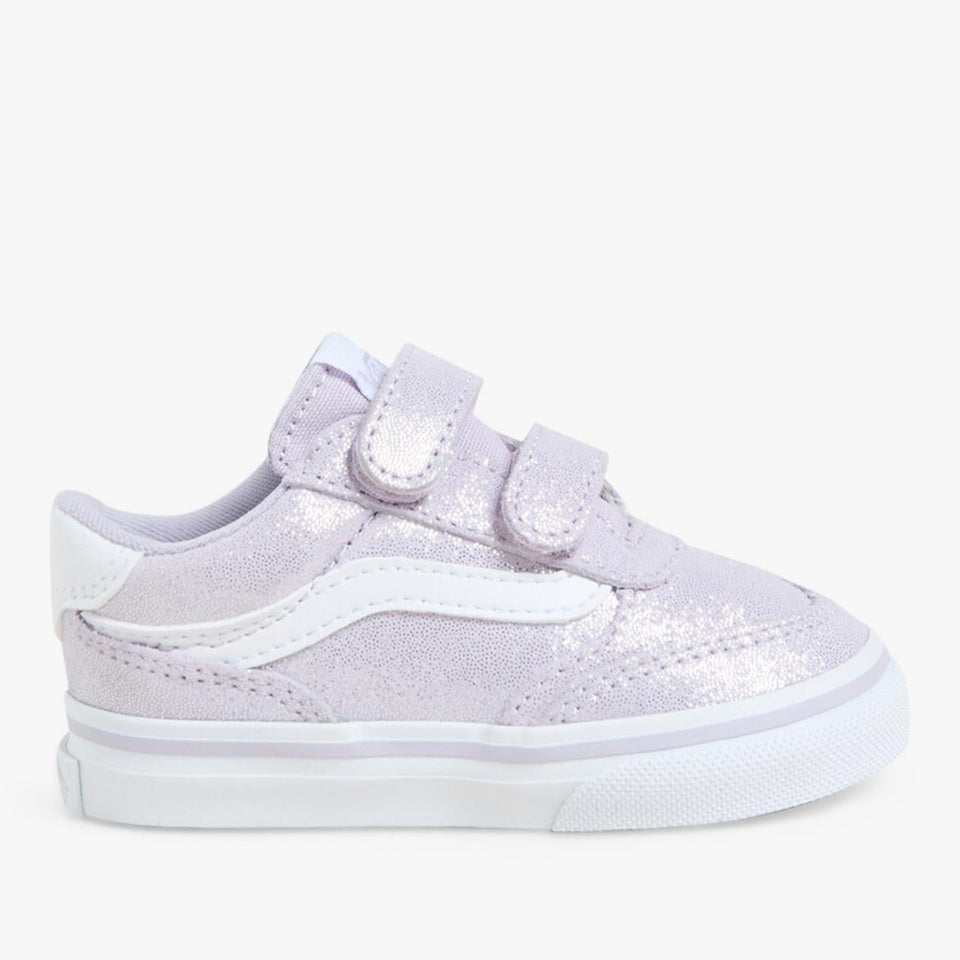 A light lavender glitter sneaker with white accents, featuring two hook-and-loop straps and a white rubber sole, shown against a plain white background.