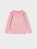 Pink long-sleeve shirt with floral design and text on a light gray background