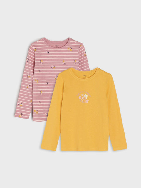 Two long-sleeve shirts, one pink with white stripes and floral patterns, the other yellow with a floral pattern, on a light gray background.