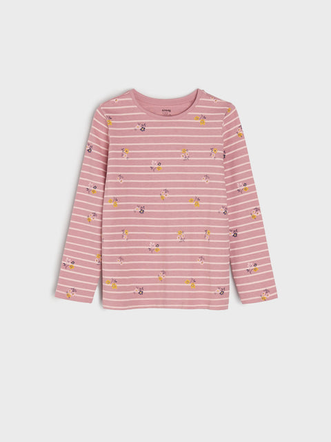 Pink striped long-sleeve shirt with small patterns on a white background