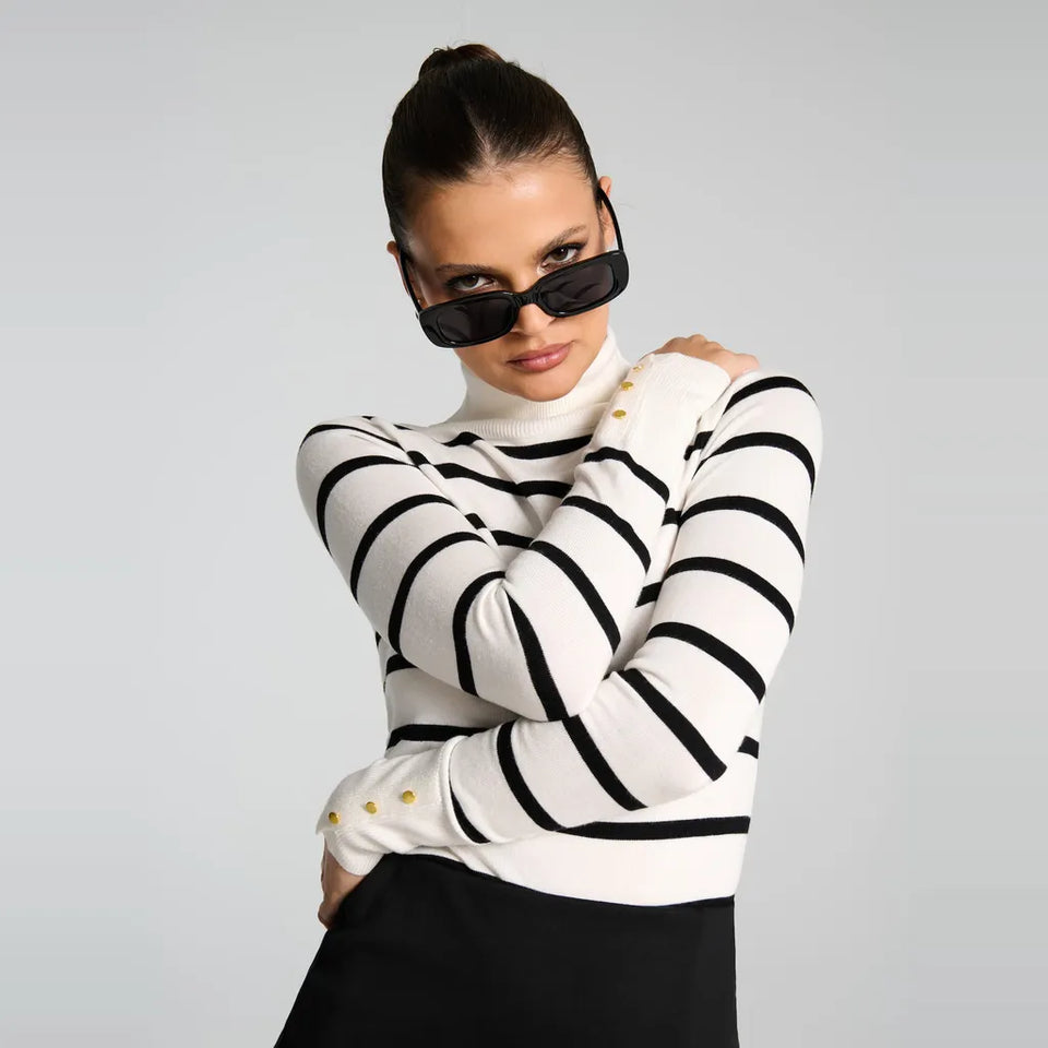 Sinsay Women's White Black Striped Turtle Neck Blouse