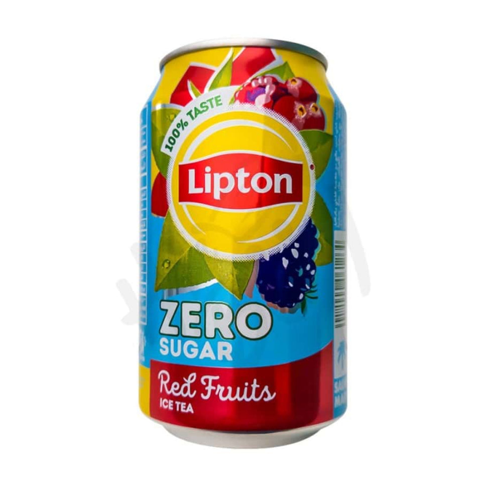 A can of Lipton Red Fruit Zero Ice Tea featuring the brand's logo and images of red fruits like peach.