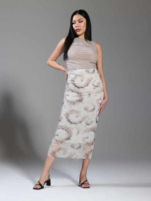 Sinsay Women's Greige Mesh Ruched Printed Midi Skirt |Sinsay In Lebanon