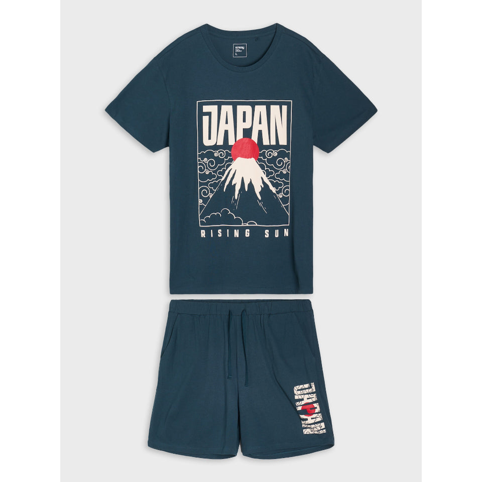 A two-piece kids' lounge set consisting of a short-sleeve t-shirt and matching shorts in dark teal blue. The t-shirt features a graphic print of Mount Fuji with a red rising sun and the text 'JAPAN RISING SUN'.