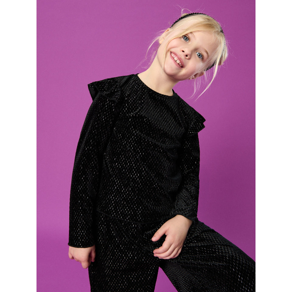 Sinsay Girl's Black Shimmer Ruffle Top and Wide Leg Pants Set